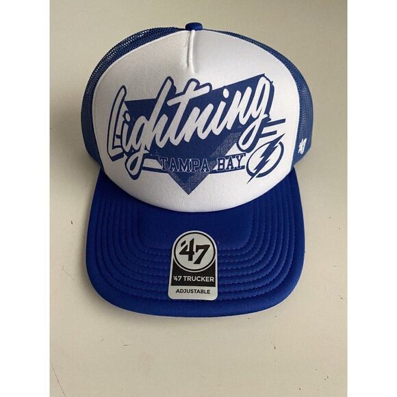 47 Brand Hang Out Tampa Bay Lightning Trucker Hat One Size Adjustable Blue White - Picture 2 of 13